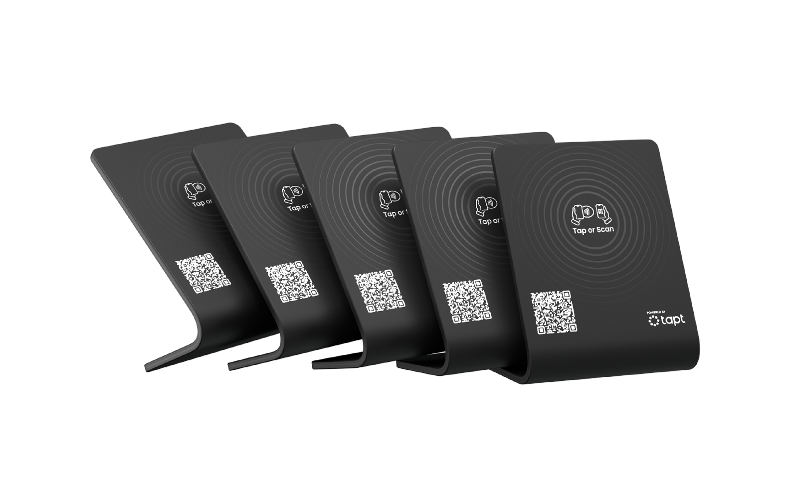 Five black Tapt stands arranged together
